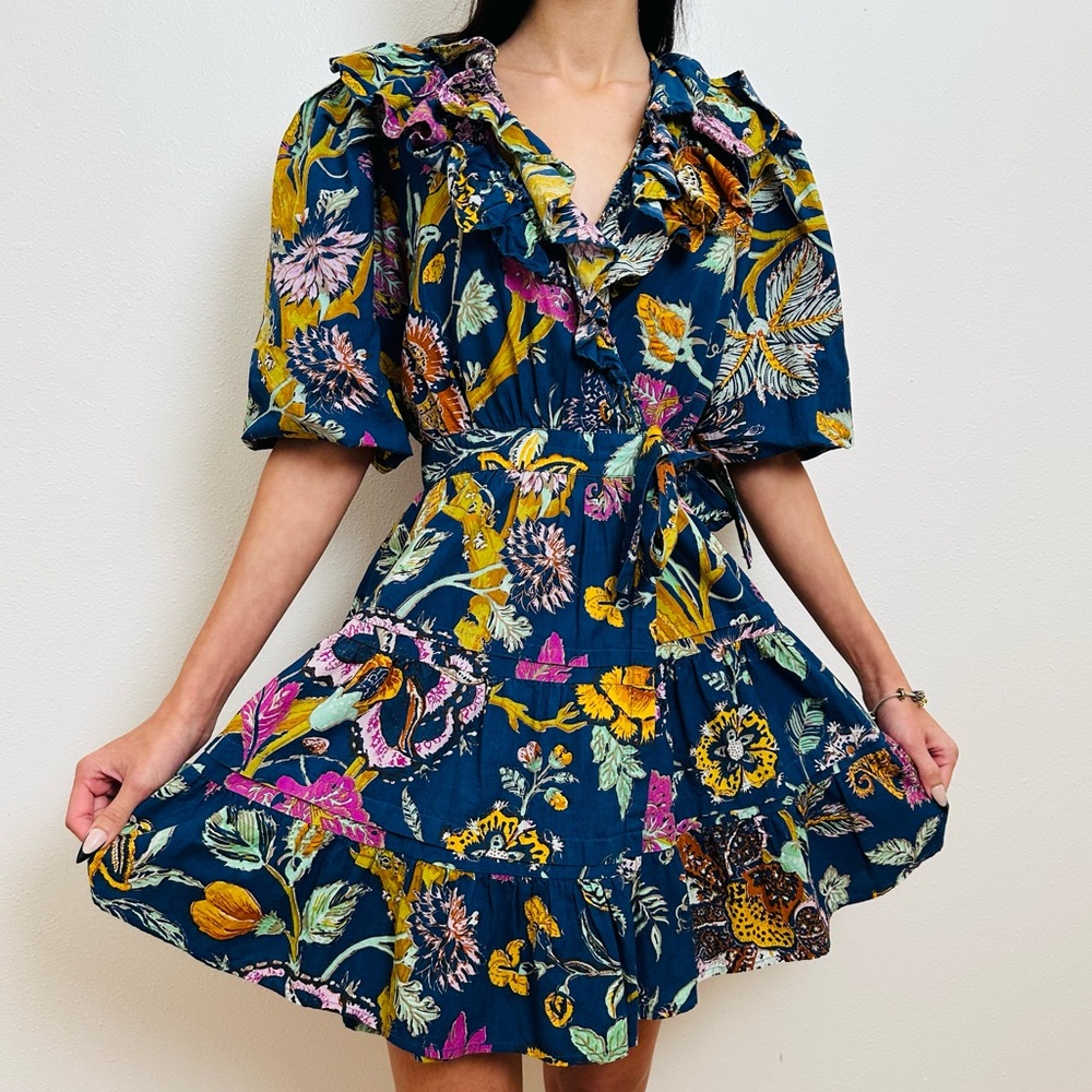 House of Harlow 1960 Mini Floral Wrap Dress Boho Ruffle Puff Sleeve - Picture 5 of 12